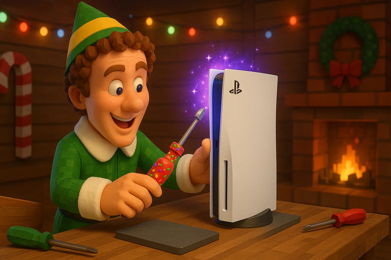 Buddy the Elf smiling as he builds a PlayStation 5 in a festive workshop using his glowing Enchanted Screwdriver of Sprinkles beside a cosy fire and Christmas lights.