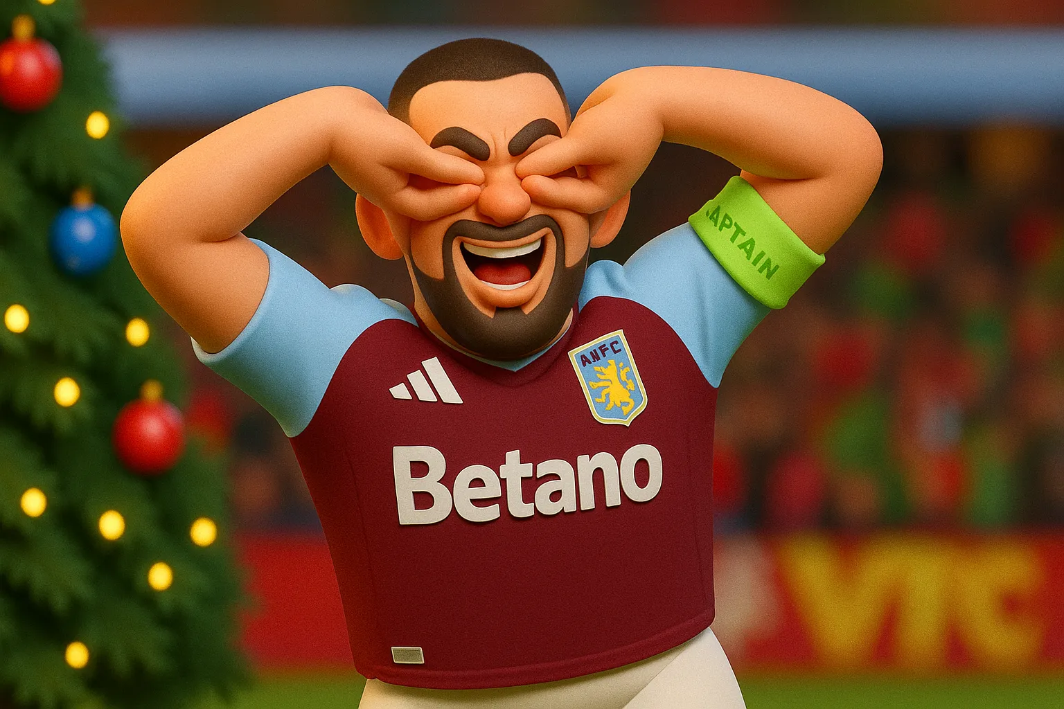 "Super" John McGinn, an Aston Villa player, celebrates with a “goggles” pose on a snowy festive pitch with Christmas lights and tree.