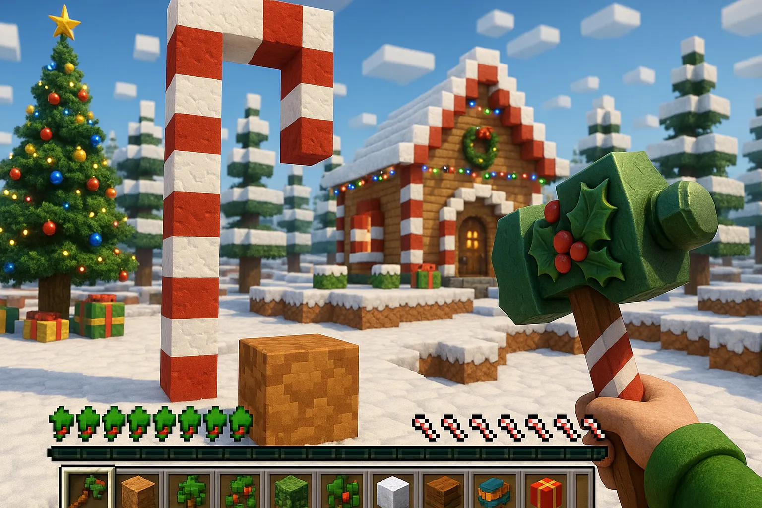 A Minecraft style winter scene with a candy cane house, snowy trees, a decorated Christmas tree and presents, viewed from a player holding a holly-themed hammer.