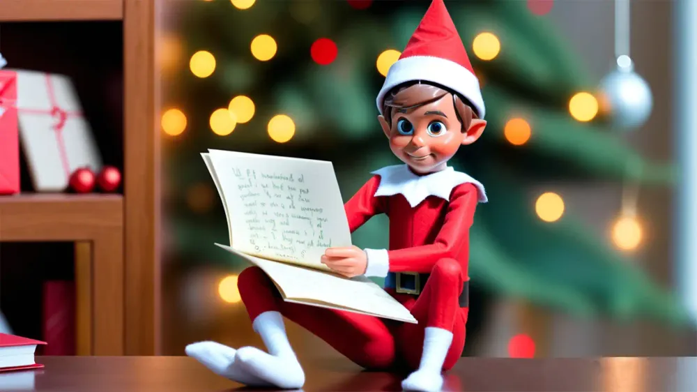 Buddy the Elf sits with a notepad retelling the origin story of Elf on a Shelf