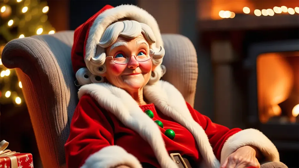 Mrs Claus looks content, sits in her armchair in front of a warm fire.