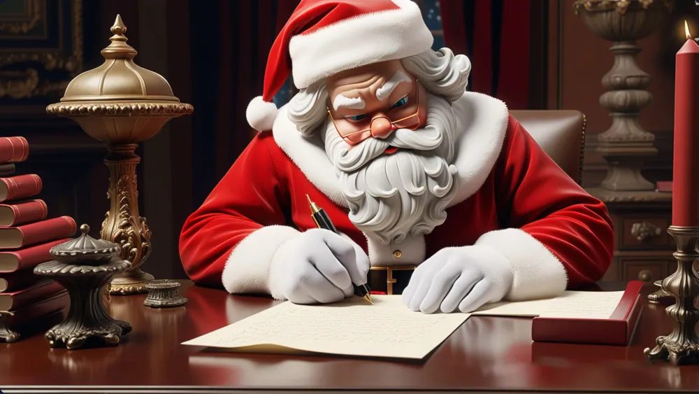 Santa Claus is sitting at his desk, writing names on the Naughty and Nice lists