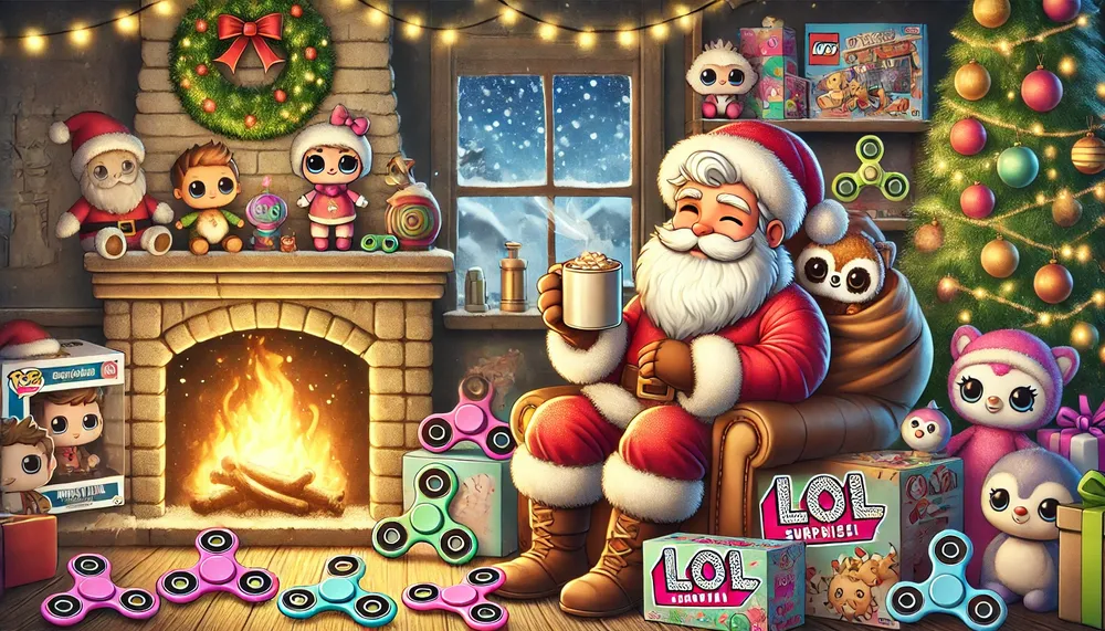 Santa by a cozy fireplace with toys, lights, and snowfall, creating a warm, magical Christmas scene.