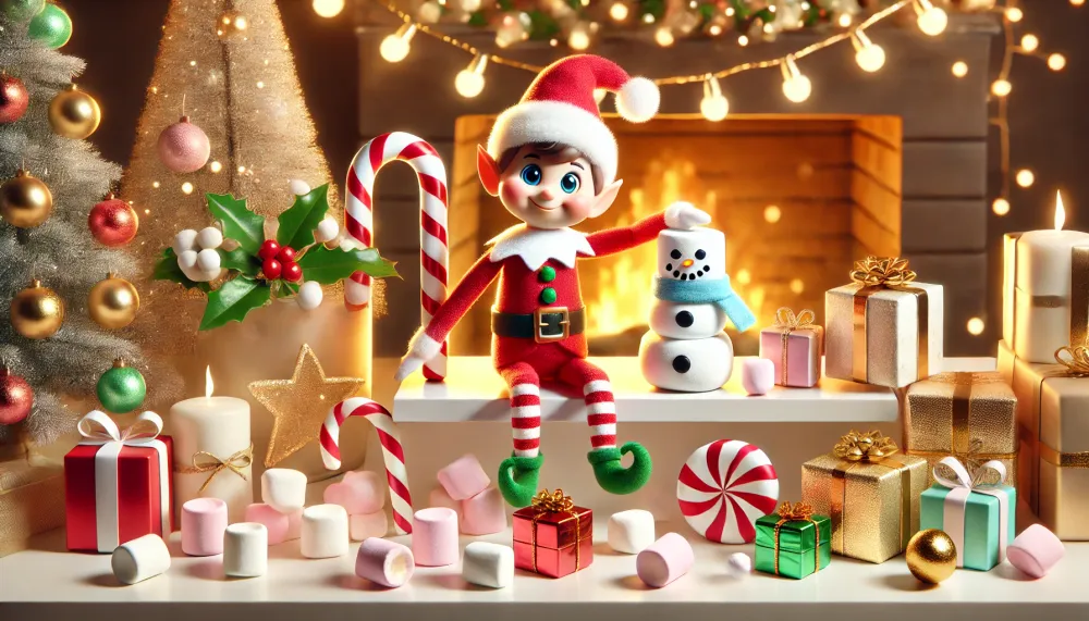 "Cheerful elf on a shelf holding a marshmallow snowman, surrounded by candy canes, tiny presents, and festive decorations."