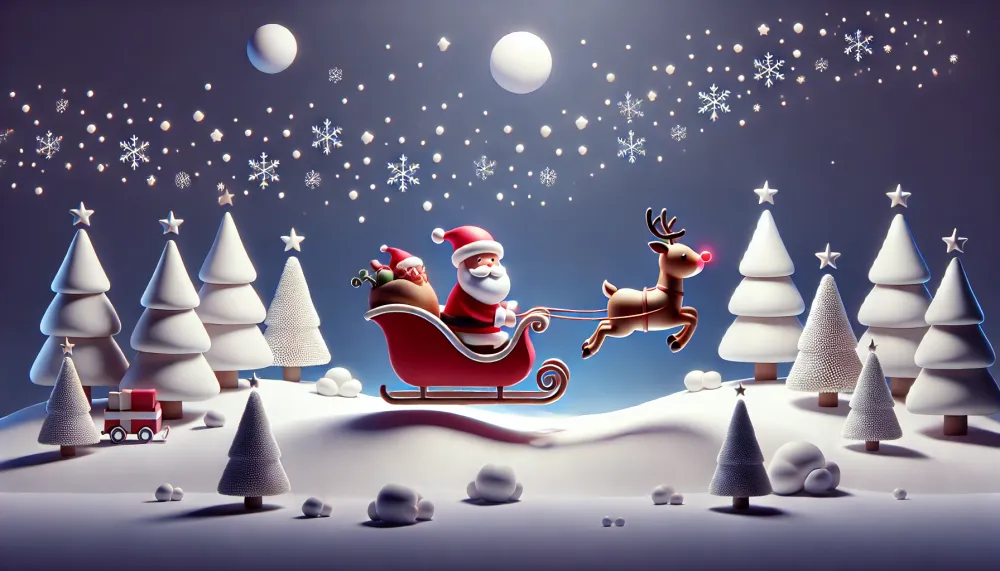 "Santa in a sleigh, led by Rudolph with a glowing nose, flying over a snowy landscape under a starry Christmas sky."