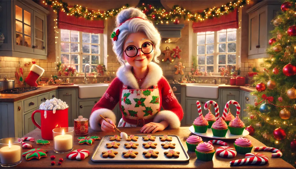 Mrs Claus, in her 70s, bakes cookies in a festive kitchen, surrounded by Christmas decorations, cupcakes, and hot chocolate.