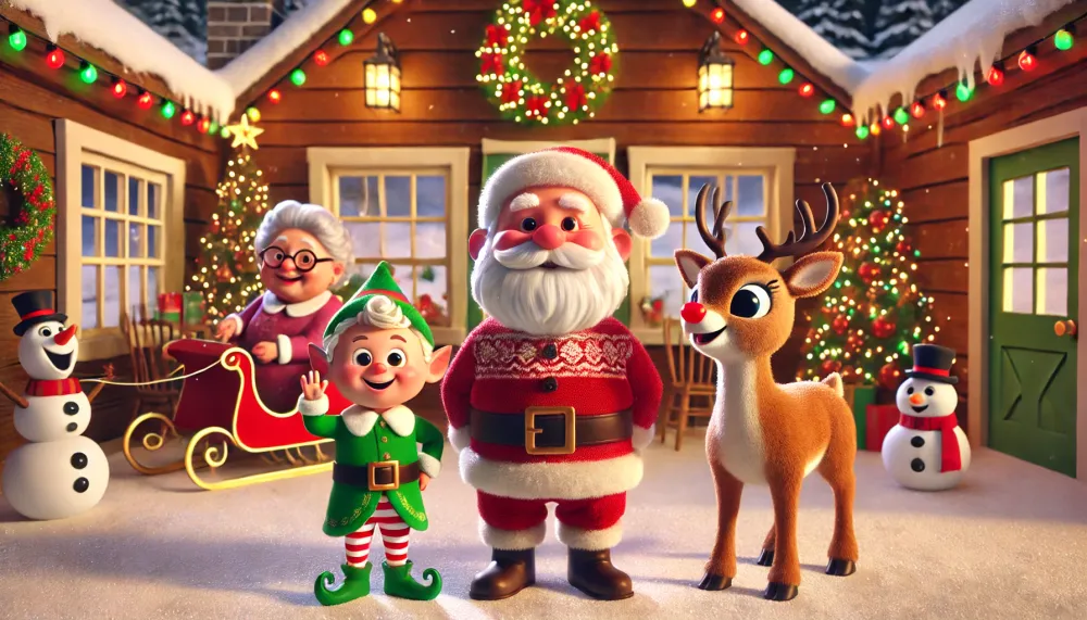 Santa, Mrs Claus, Buddy the Elf, and Rudolph stand in a festive workshop with Christmas decorations and snow outside.