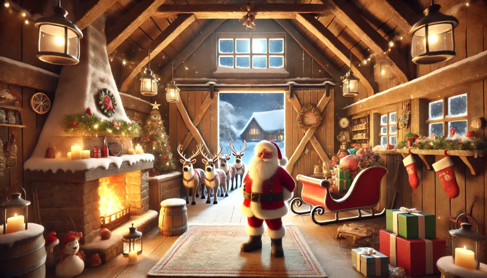 Santa checks his list in a cosy workshop while a snowy scene outside shows the packed sleigh and ready reindeer.