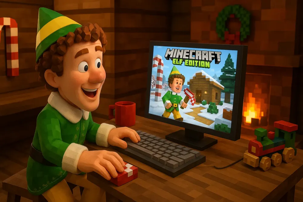 Buddy the Elf smiling as he plays Minecraft: Elf Edition in a cosy North Pole workshop with fairy lights, a glowing fireplace, and candy-cane decorations.