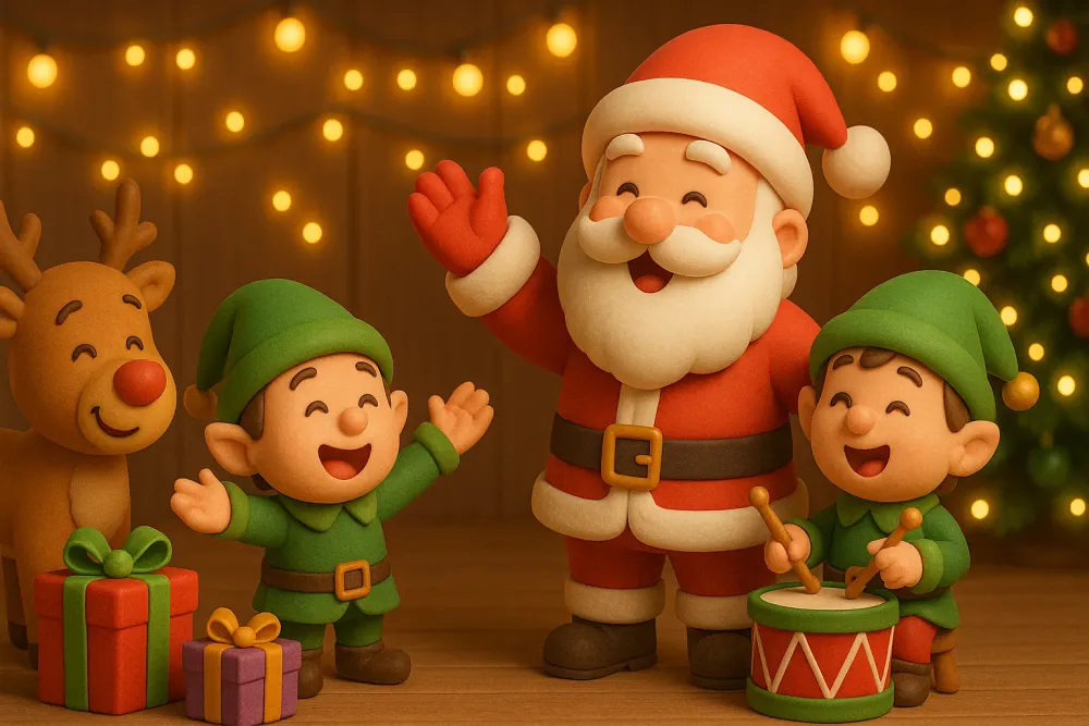 Santa Claus cheerfully motivating elves and Rudolph in the North Pole workshop, surrounded by gifts, fairy lights, and festive decorations in a warm, magical Christmas scene.