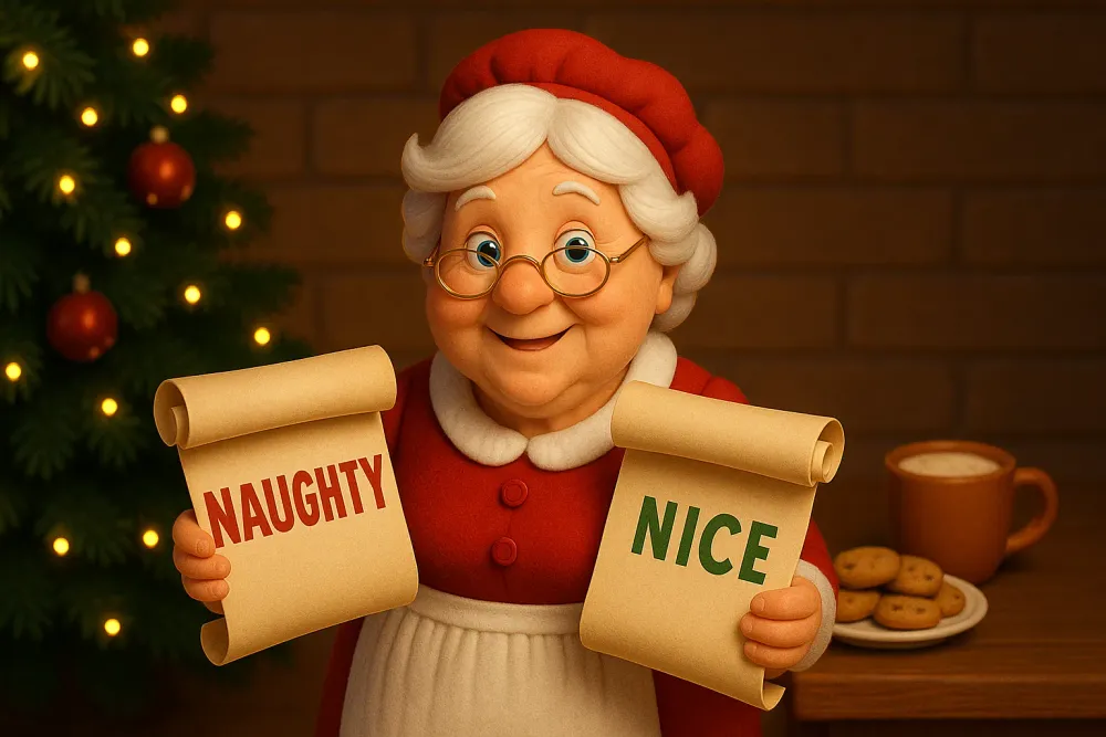 Mrs Claus smiling warmly in her cosy North Pole office, holding the Naughty and Nice lists beside cookies, cocoa and a glowing Christmas tree in a festive scene.