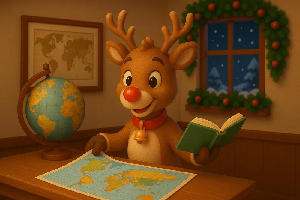 Rudolph the Red-Nosed Reindeer studies a world map beside a glowing globe in a cosy North Pole room, with snow outside and festive decorations all around.