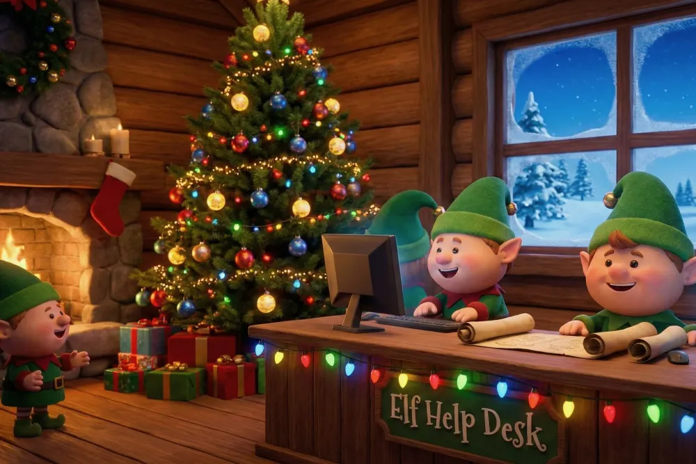 Cosy Christmas cabin with two cheerful elves working at the Elf Help Desk, surrounded by fairy lights, papers, a Christmas tree and a snowy North Pole night outside.