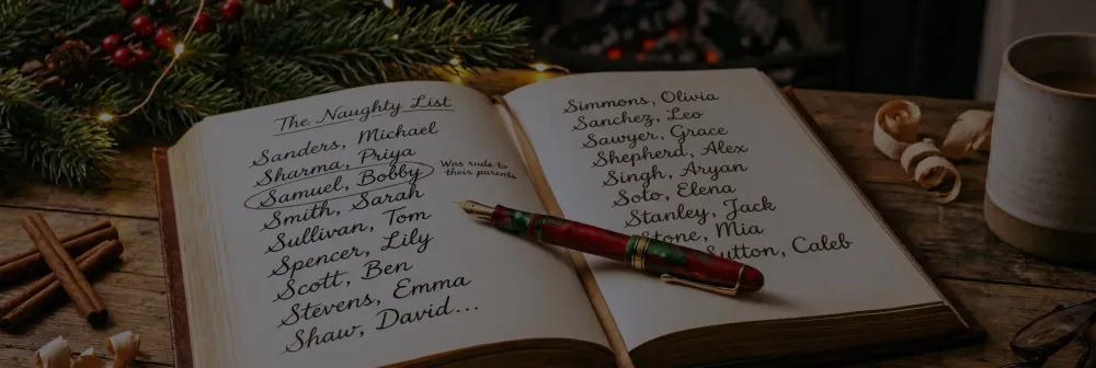 A leather-bound, rustic looking book sits open on a desk with the title "The Naughty List" and various children's names. A fountain pen lies across the page.