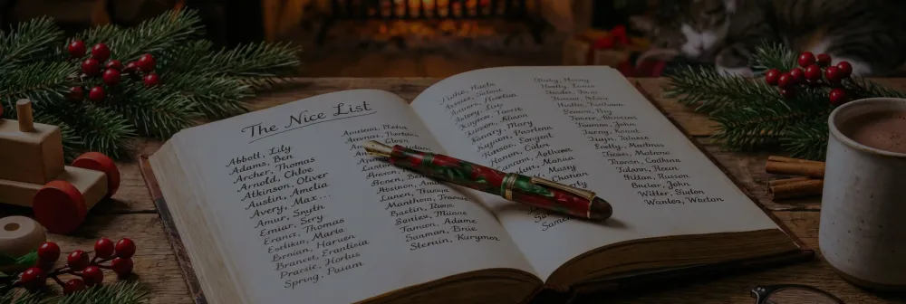 A leather-bound, rustic looking book sits open on a desk with the title "The Nice List" and various children's names. A fountain pen lies across the page.
