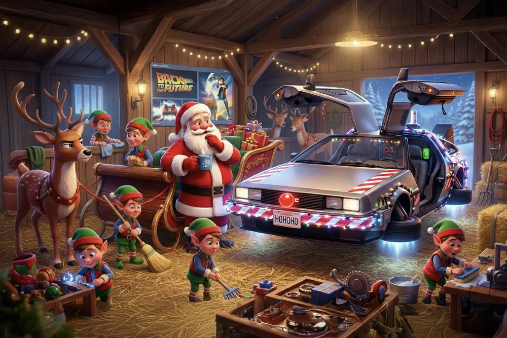 Santa and his elves prepare a festive, glowing DeLorean in a cosy workshop, with reindeer watching and presents scattered as they get ready for a magical Christmas adventure.