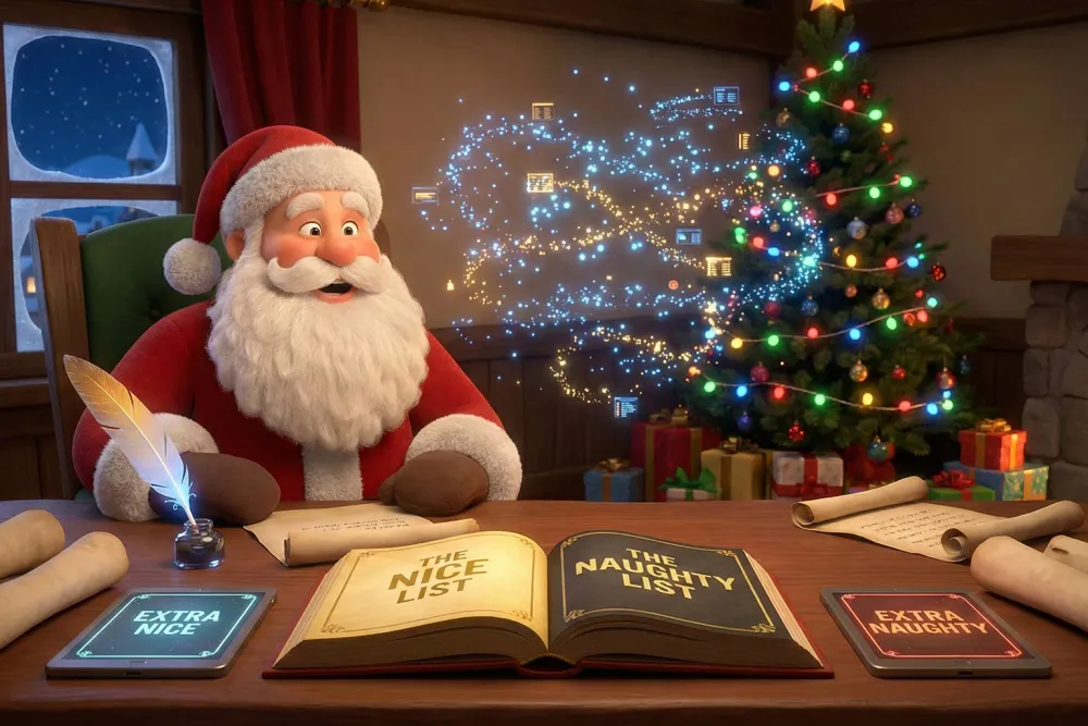 Santa sits at his desk with the Nice and Naughty Lists open as magical lights swirl behind him, a glowing quill ready to write and a Christmas tree twinkling beside wrapped presents.