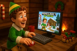 Buddy the Elf smiling as he plays Minecraft: Elf Edition in a cosy North Pole workshop with fairy lights, a glowing fireplace, and candy-cane decorations.