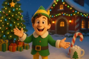 Buddy the Elf stands smiling in the snowy North Pole beside a glowing Christmas tree, colourful presents, and a cosy workshop with twinkling lights and candy canes, spreading festive joy.