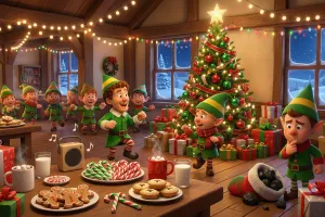 A festive 3D animation of Bob The Elf and other elves dancing in a North Pole cabin. A decorated tree, gifts, and festive snacks fill the room. One elf looks concerned at a stocking of coal.