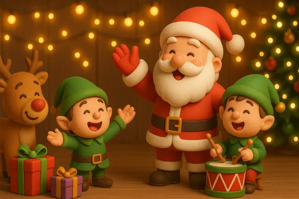 Santa Claus cheerfully motivating elves and Rudolph in the North Pole workshop, surrounded by gifts, fairy lights, and festive decorations in a warm, magical Christmas scene.