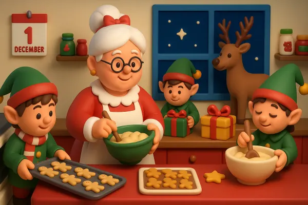 Mrs Claus bakes gingerbread with her cheerful elves in a cosy North Pole kitchen as snow falls outside and Christmas magic fills the air on the 1st of December.