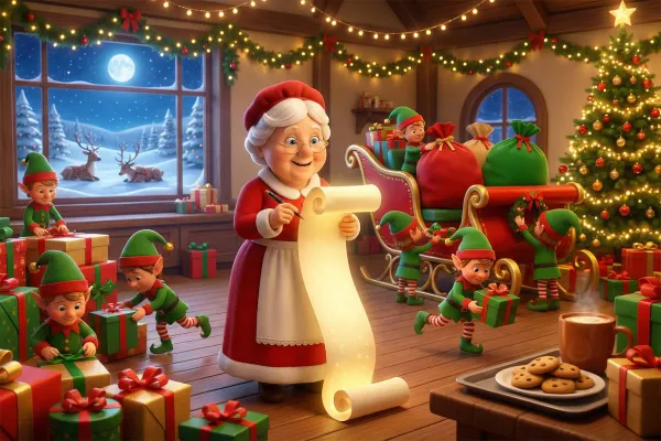 Mrs. Claus smiles holding a long list in a bustling North Pole workshop. Elves wrap gifts and load the sleigh while snow falls outside in this warm, 3D animated festive scene.